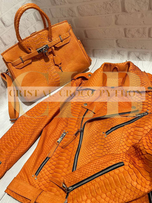 Exclusive Orange Python Leather Set: Handbag and Biker Jacket