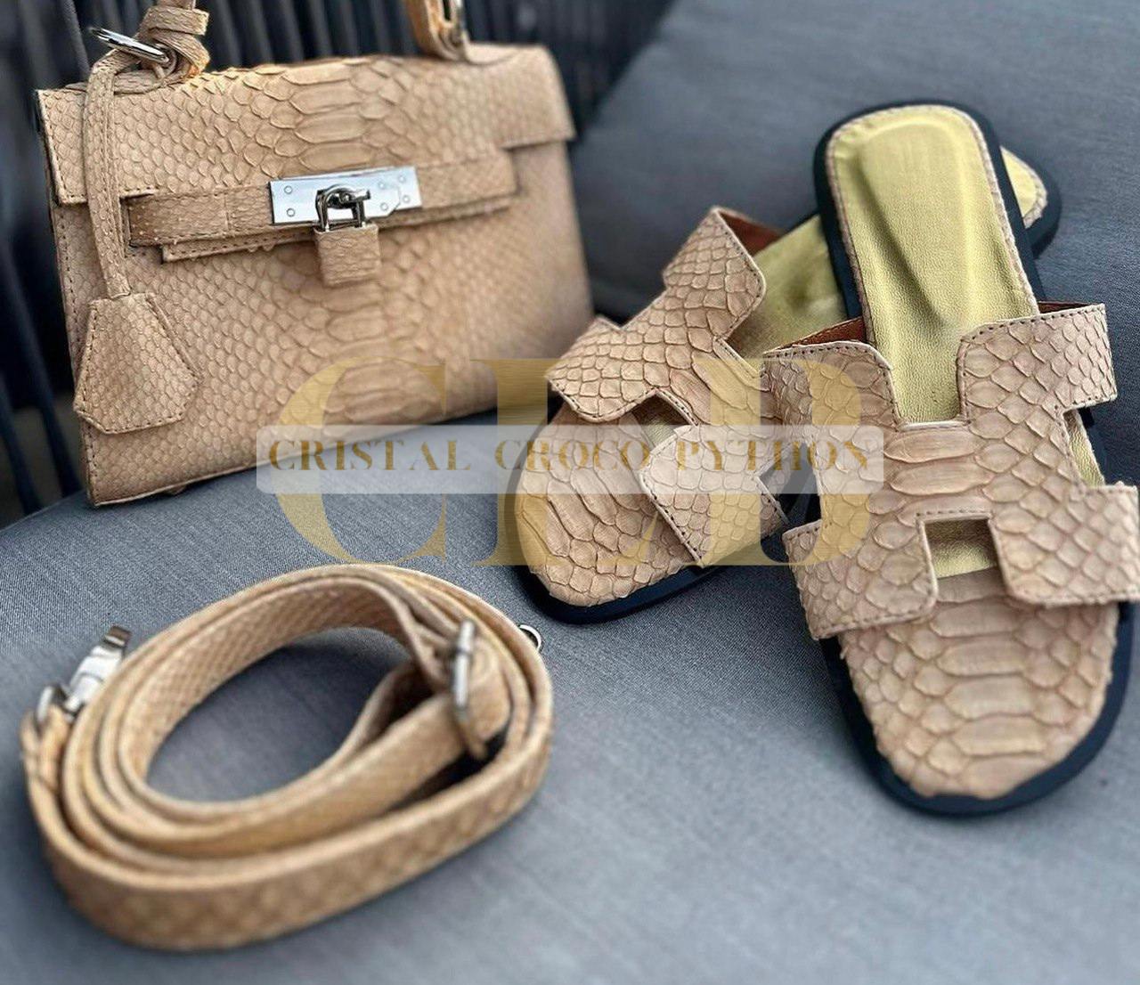 Beige Python Leather Accessory Set: Bag, Belt, and Sandals