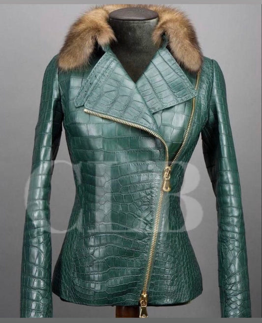 Handcrafted Crocodile Leather Jacket in Emerald Green