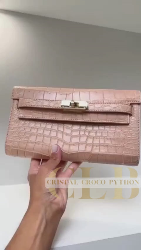 Crocodile Leather Kelly-Style Bag in Beige-Pink